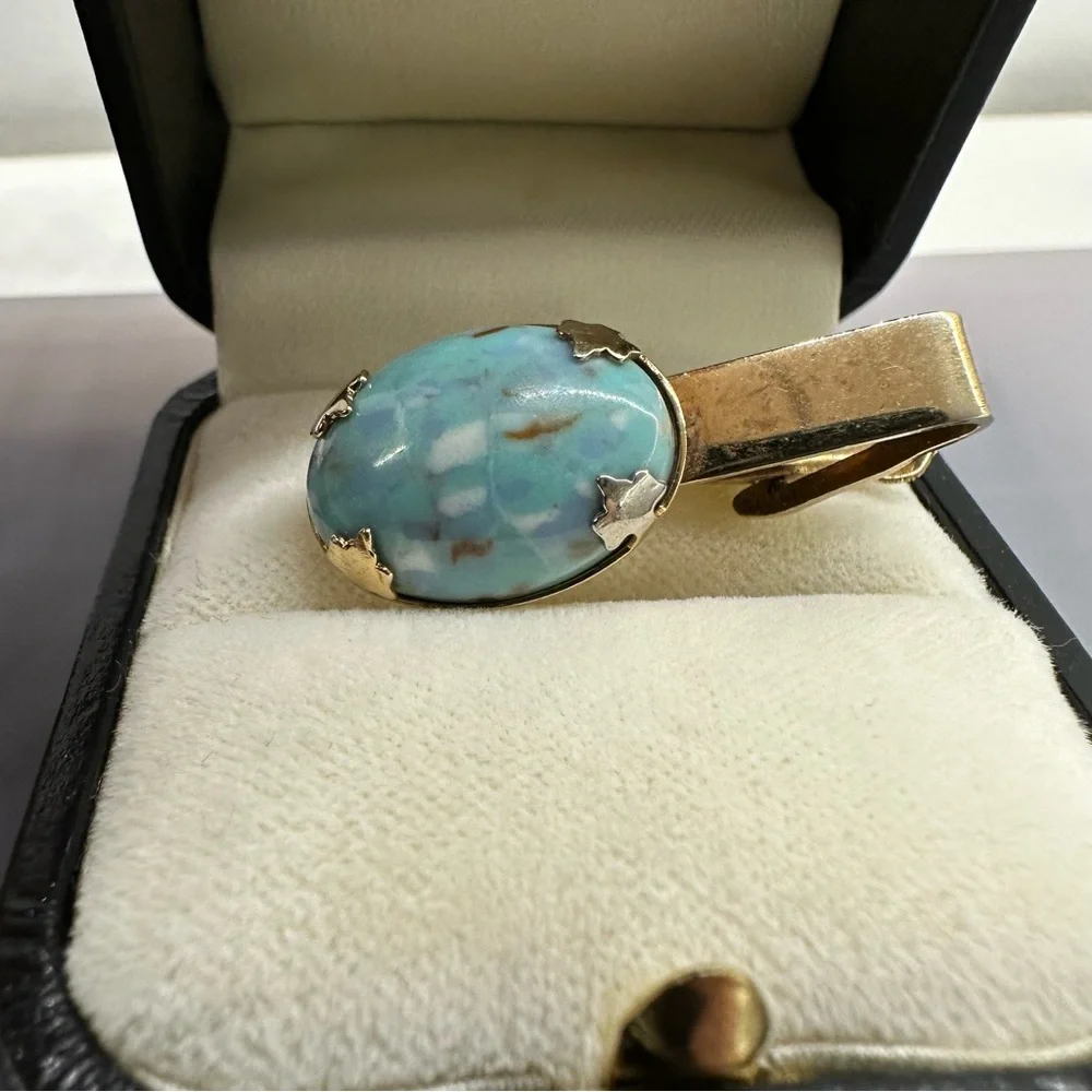 Vintage Blue and Gold Tone Cufflinks and Tie Bar